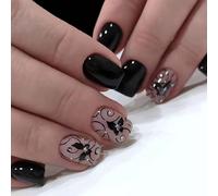 Clataly 24pcs Black Vine faux ongles Deep Butterfly Pattern faux ongles strass enfoncé dans les ongles des femmes (A, 24)