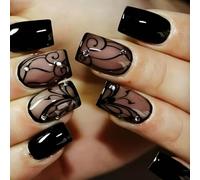 Clataly 24pcs Black Vine faux ongles Deep Butterfly Pattern faux ongles strass enfoncé dans les ongles des femmes (B, 24)