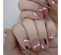 Clataly 24pcs court Rose dégradé faux ongles carrés brillant ongles impression blanc noir acrylique Cutie Nails nu Rose filles faux ongles (F)