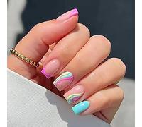 Clataly 24pcs court Rose dégradé faux ongles carrés brillant ongles impression blanc noir acrylique Cutie Nails nu Rose filles faux ongles (C)