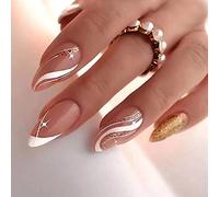 Clataly 24pcs faux acrylique imprimé sur blanc étoile ondulé ongles drôle nu Rose faux ongles femmes et filles ensemble complet d'ongles (E)