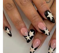 Clataly 24pcs faux acrylique imprimé sur blanc étoile ondulé ongles drôle nu Rose faux ongles femmes et filles ensemble complet d'ongles (A)