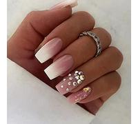 Clataly 24pcs fleurs blanc long cercueil ongles brillant strass français faux ongles imprimé Ballet fille faux ongles sur ongles (B)