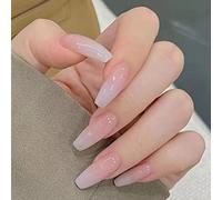 Clataly 24pcs fleurs blanc long cercueil ongles brillant strass français faux ongles imprimé Ballet fille faux ongles sur ongles (C)