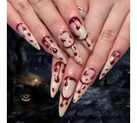 Clataly 24pcs français longue pointe de sang gouttes faux ongles rouge flamme teint faux ongles Halloween faux ongles femme presse ongles (A, 24)