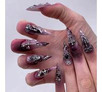 Clataly 24pcs Halloween clous français Violet Flamme Halo croix araignée 3D décoration faux ongles pour les femmes (B, 24)
