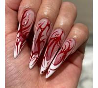 Clataly 24pcs Longue Pointe de Sang Faux Ongles Rouge Flamme - Halloween Presse Ongles (B)