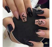 Clataly 24pcs noir biseau français serpentine faux ongles noir acrylique style faux ongles amour faux imprimé femme fille ongles (B)