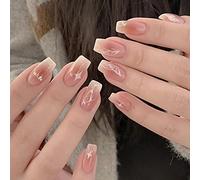 Clataly 24pcs papillon étoile dégradé faux ongles nu Rose ongles strass fleurs Nail Print set complet de faux ongles pour les femmes et les filles (C)