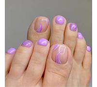 Clataly 24pcs Square Flower faux ongles brillant Glitter Toe Print ongles courts acrylique faux orteils faux orteils faux ongles artificiels femmes (E)