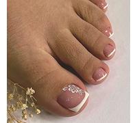 Clataly 24pcs Square Flower faux ongles brillant Glitter Toe Print ongles courts acrylique faux orteils faux orteils faux ongles artificiels femmes (A)