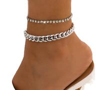 Clataly Cuba chaîne à pied double couche cristal chaîne à pied plage pieds femme et fille bijoux (Argent)