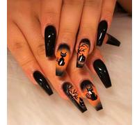 Clataly Halloween 24 Cercueil Foncé et mélancolique Chat Citrouille Art Presser Set d'ongles, convient aux femmes