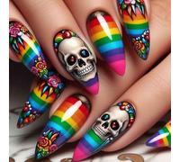 Clataly Lot de 24 faux ongles pour femme - Motif : rayures arc-en-ciel - Fleurs roses et crânes - Pour Halloween