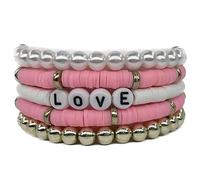 Clataly Lot de 5 bracelets en poterie douce colorée lettre Love bracelet empilable élastique perlé bracelet Femmes bijoux (Couleur rose)