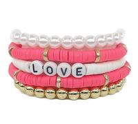 Clataly Lot de 5 bracelets en poterie douce colorée lettre Love bracelet empilable élastique perlé bracelet Femmes bijoux (Rose rouge)