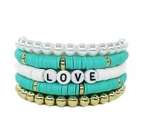 Clataly Lot de 5 bracelets en poterie douce colorée lettre Love bracelet empilable élastique perlé bracelet Femmes bijoux (Vert)