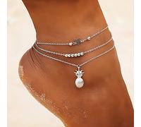 Clataly soleil lune bracelet cheville multicouche ananas amour tortue cheville perles d'été accessoire plage pied femme fille bijoux (Chaîne de pied ananas en argent)