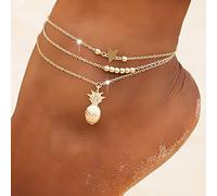 Clataly soleil lune bracelet cheville multicouche ananas amour tortue cheville perles d'été accessoire plage pied femme fille bijoux (Chaîne de pied ananas doré)