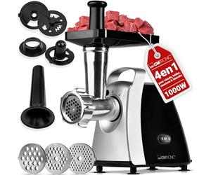 Clatronic® Hachoir à viande 1000 W | avec embout pour biscuits/pâtisseries | Hachoir à viande électrique | 3 disques perforés en métal | marche avant et arrière | avec remplissage à saucisses | cou