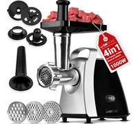 Clatronic® Hachoir à viande 1000W | avec embout pour biscuits/pâtisseries | Hachoir à viande électrique | 3 disques perforés en métal | marche avant et arrière | y compris remplisseur de saucisses | c