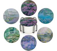 Claude Monet Lot de 6 dessous de verre absorbants en céramique avec base en liège et support en métal, protecteurs de déversement pour tasses/tasses, décoration joyeuse de maison/bar