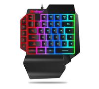 Clavier de jeu RVB à une main, avec fil USB et lettres arc-en-ciel, avec repose-poignets, touches multimédias, clavier ergonomique rétroéclairé pour jeu