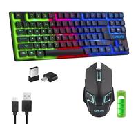 Clavier de jeu sans fil TKL souris combo rechargeable rétroéclairé LED Tenkeyless compact 87 touches 6 boutons pour ordinateur portable PS4 PS5 Switch compatible avec Windows XP/7/8/10 iMac MacBook