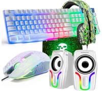 Clavier De Jeu Usb Rétroéclairé Filaire+Souris De Jeu Led Arc-En-Ciel Optique À 6 Boutons 2400 Dpi+Casque De Jeu Stéréo+Haut-Parleurs Rvb+Tapis De Souris Ensemble 5 En 1 (Blanc)