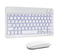 Clavier et Souris Bluetooth AZERTY Sans Fil avec LED Éclairée - Rechargeable pour Tablette, Téléphone, Smartphone Android Windows (Blanc)