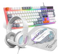 Clavier et souris de jeu, écouteurs, tapis de souris, combo tout-en-un pour joueurs PC et utilisateurs de Xbox et PS4 - Blanc, gris, orange