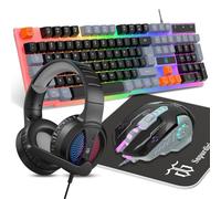 Clavier et souris de jeu, écouteurs, tapis de souris, combo tout-en-un pour les joueurs PC et les utilisateurs de Xbox et PS4 - Noir, gris, orange