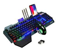 Clavier et souris de jeu sans fil rétroéclairé arc-en-ciel rechargeable avec batterie de 3800 mAh, panneau en métal amovible, toucher mécanique et 7 couleurs de sourdine pour les joueurs sur PC