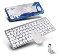 Clavier et Souris sans Fil, Bluetooth5.2+2,4 G Silencieux avec Récepteur Nano USB, Mini Clavier Ultra Fin sans Fil pour iPad, Mac, PC,Ordinateur Portable,Laptop,Tablette, US QWERTY, Argent Blanc