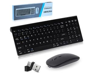 Clavier et souris sans fil fin, disposition internationale QWERTY américaine, rechargeable trois modes 5 en 1 (Bluetooth x 2 + 2,4 G + USB C) multi-appareils, souris 1600 dpi pour PC/ordinateur