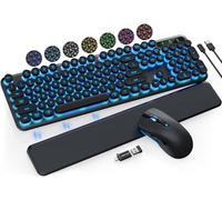 Clavier et souris sans fil rétroéclairés - Clavier de machine à écrire avec touches rondes rétro, repose-poignet amovible, lettres lumineuses, combo rechargeable 2,4 G pour Mac, Windows, PC,