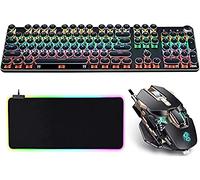 Clavier mécanique rétroéclairé par LED pour Machine à écrire, Clavier et Souris de Jeu, Clavier USB combiné, Interrupteur Bleu, 104 Touches d'inspiration Vintage Steampunk, Noir