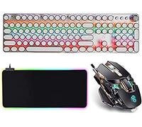 Clavier mécanique rétroéclairé par LED pour Machine à écrire, Clavier et Souris de Jeu, Clavier USB combiné, Interrupteur Bleu, 104 Touches d'inspiration Vintage Steampunk, Blanc