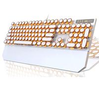 Clavier mécanique style machine à écrire, clavier de jeu rétro punk avec rétroéclairage à DEL dorée, jolis claviers filaires, 104 touches, touches rondes Uique pour Windows/Mac/PC (blanc et doré)