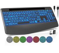 Clavier sans fil avec 7 rétroéclairés de couleur, repose-poignet, support de téléphone, clavier d'ordinateur ergonomique rechargeable avec touches silencieuses, clavier lumineux pleine taille pour