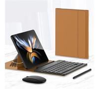 Clavier sans Fil Étui en Cuir Pliable pour Sam Sung Galaxy Z Fold 4 / Fold 3 Téléphone Pliable Stand Créatif Souris Bluetooth Stylus (Marron)