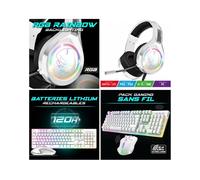 CLAVIER semi mécanique Blanc sans fil WIRELESS RGB PRO + SOURIS sans fil RF 2.4 GHz RGB Rainbow 4800dpi + Casque Gamer Multiplatefor