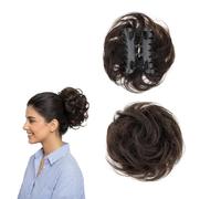 Claw Clip Messy Bun Hair Piece, Real Human Hair Buns Curly Wavy Textured Bun Hair Accessory Pour Les Femmes Moyen Brown Highlights Clip In Bun Hair Extension(B)