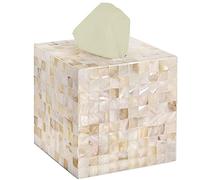 CLAYNIX Housse de boîte à mouchoirs - Cube incrusté de nacre mosaïque - Porte-serviettes carré - Rangement de papier toilette - Organisateur décoratif pour salle de bain, comptoir de coiffeuse, tables