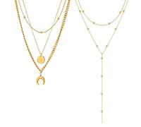 ClcIosis Lot de 2 chaînes longues pour femme - Chaîne Y dorée - Bijou fantaisie - Avec pendentif soleil et lune - Élégant collier pour femme - Accessoire élégant pour le soir et le quotidien, 1