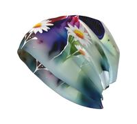 CLDBMD Chapeau tricoté tendance pour adulte imprimé vache et marguerite aquarelle - Doux, confortable et respirant - Noir