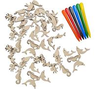 CLDURHGE Tranche Bois Naturel 100 pièces Animaux Marins 2,5 cm avec 6 Crayons Couleurs pour Bricolage Enfants décoration fête Anniversaire