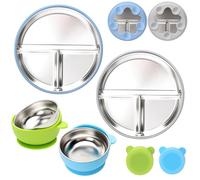 CLDY Lot de 2 assiettes en acier inoxydable avec ventouse, ustensiles d'alimentation pour bébé, assiettes divisées pour le sevrage, ensemble de sevrage, sans BPA (bleu + gris)