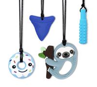 CLDY Lot de 4 Colliers Sensoriels à Mâcher pour Enfants Autistes/TDAH/adultes - Pendentifs Silicone Sans BPA (Paresseux, Triangle, Donut, Bloc) - Machouillou Enfant 3 6 11 Ans - Collier Anti-Stress