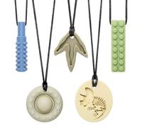 CLDY Lot de 5 Colliers Sensoriels à Mâcher - Anneaux de Dentition Sans BPA pour Enfants Autistes, TDAH, Tout-Petits et Adultes (6-11 ans) - Silicone Alimentaire - Motifs Licorne, Plume, Bloc